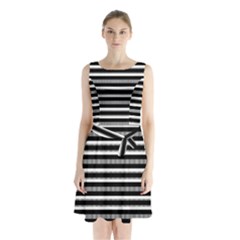 Tribal Stripes Black White Sleeveless Waist Tie Chiffon Dress