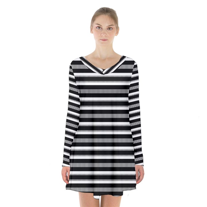 Tribal Stripes Black White Long Sleeve Velvet V-neck Dress