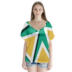 Triangles Texture Shape Art Green Yellow V-neck Flutter Sleeve Top by Mariart