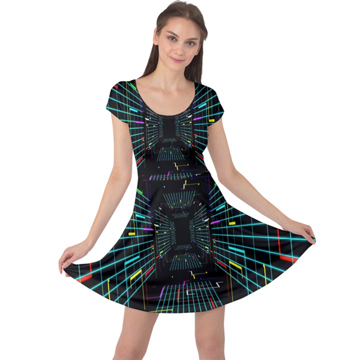 Seamless 3d Animation Digital Futuristic Tunnel Path Color Changing Geometric Electrical Line Zoomin Cap Sleeve Dress