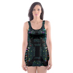 Seamless 3d Animation Digital Futuristic Tunnel Path Color Changing Geometric Electrical Line Zoomin Skater Dress Swimsuit by Mariart