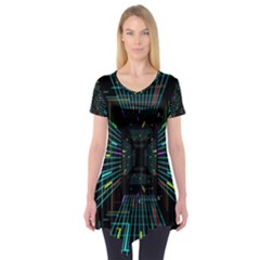 Seamless 3d Animation Digital Futuristic Tunnel Path Color Changing Geometric Electrical Line Zoomin Short Sleeve Tunic 