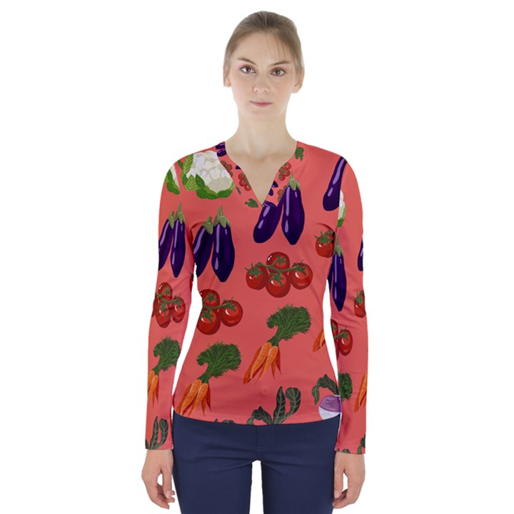 Vegetable Carrot Tomato Pumpkin Eggplant V-Neck Long Sleeve Top