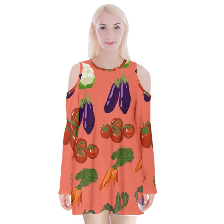 Vegetable Carrot Tomato Pumpkin Eggplant Velvet Long Sleeve Shoulder Cutout Dress