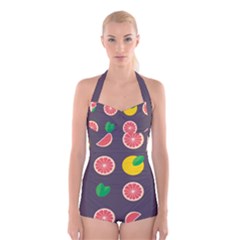 Wild Textures Grapefruits Pattern Lime Orange Boyleg Halter Swimsuit 