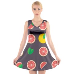 Wild Textures Grapefruits Pattern Lime Orange V-neck Sleeveless Skater Dress by Mariart