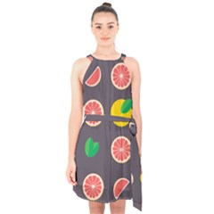 Wild Textures Grapefruits Pattern Lime Orange Halter Collar Waist Tie Chiffon Dress