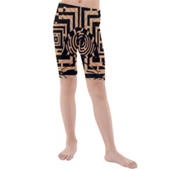 Wooden Cat Face Line Arrow Mask Plaid Kids  Mid Length Swim Shorts