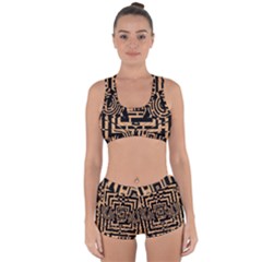 Wooden Cat Face Line Arrow Mask Plaid Racerback Boyleg Bikini Set