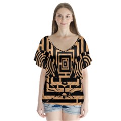 Wooden Cat Face Line Arrow Mask Plaid V-neck Flutter Sleeve Top by Mariart