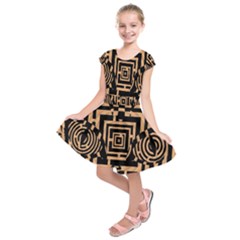 Wooden Cat Face Line Arrow Mask Plaid Kids  Short Sleeve Dress