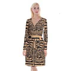 Wooden Cat Face Line Arrow Mask Plaid Long Sleeve Velvet Front Wrap Dress by Mariart