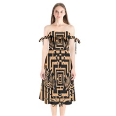 Wooden Cat Face Line Arrow Mask Plaid Shoulder Tie Bardot Midi Dress by Mariart