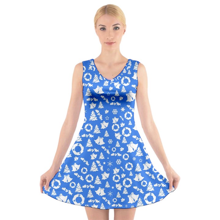 Xmas pattern V-Neck Sleeveless Skater Dress