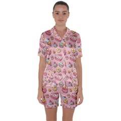 Sweet Pattern Satin Short Sleeve Pyjamas Set