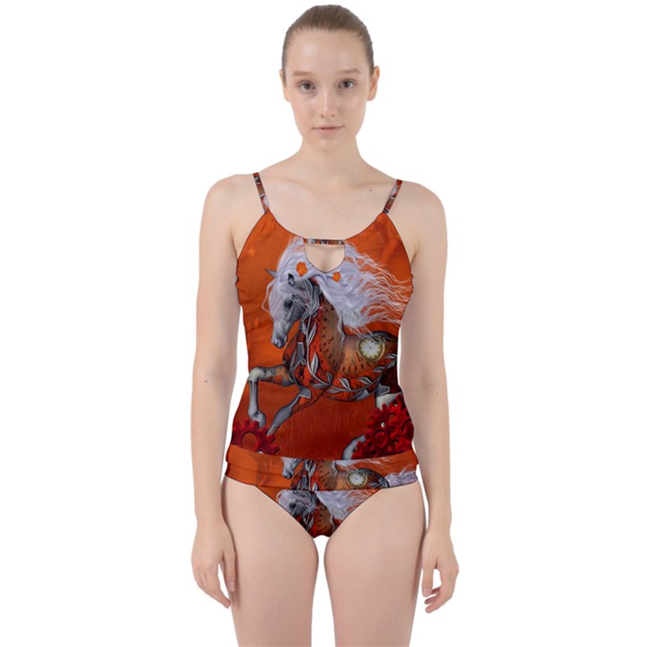 Steampunk, Wonderful Wild Steampunk Horse Cut Out Top Tankini Set