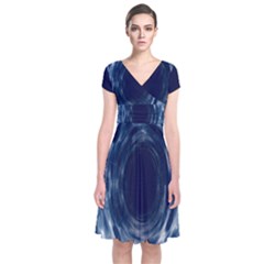 Worm Hole Line Space Blue Short Sleeve Front Wrap Dress