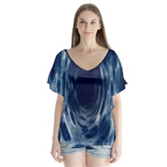 Worm Hole Line Space Blue V-neck Flutter Sleeve Top