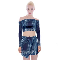 Worm Hole Line Space Blue Off Shoulder Top With Skirt Set by Mariart