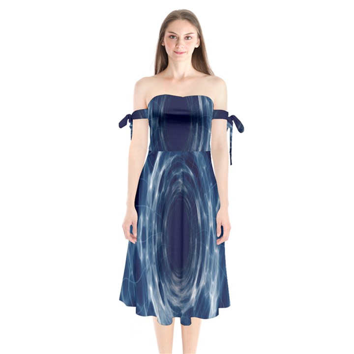 Worm Hole Line Space Blue Shoulder Tie Bardot Midi Dress