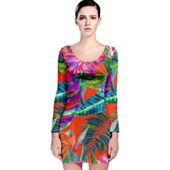 Aloha Hawaiian Flower Floral Sexy Summer Orange Long Sleeve Velvet Bodycon Dress