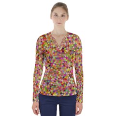 Multicolored Mixcolor Geometric Pattern V-neck Long Sleeve Top