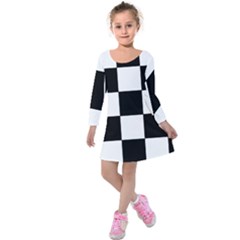 Grid Domino Bank And Black Kids  Long Sleeve Velvet Dress by Nexatart