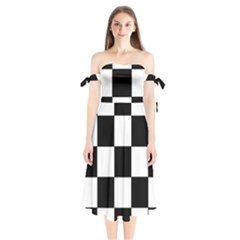 Grid Domino Bank And Black Shoulder Tie Bardot Midi Dress