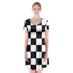 Grid Domino Bank And Black Short Sleeve V-neck Flare Dress by Nexatart