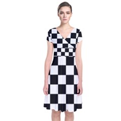 Grid Domino Bank And Black Short Sleeve Front Wrap Dress by Nexatart