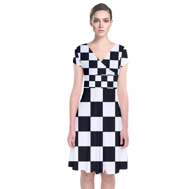 Grid Domino Bank And Black Short Sleeve Front Wrap Dress