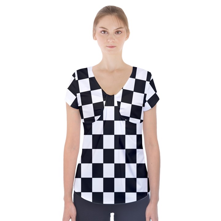 Grid Domino Bank And Black Short Sleeve Front Detail Top