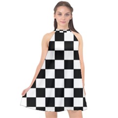 Grid Domino Bank And Black Halter Neckline Chiffon Dress  by Nexatart