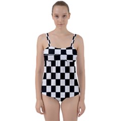 Grid Domino Bank And Black Twist Front Tankini Set