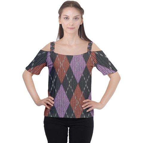 Knit Geometric Plaid Fabric Pattern Cutout Shoulder Tee by paulaoliveiradesign