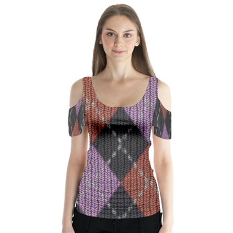 Knit Geometric Plaid Fabric Pattern Butterfly Sleeve Cutout Tee  by paulaoliveiradesign