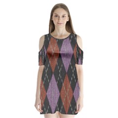 Knit Geometric Plaid Fabric Pattern Shoulder Cutout Velvet One Piece