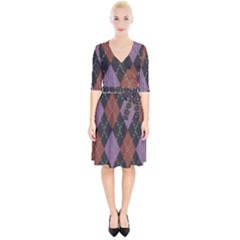 Knit Geometric Plaid Fabric Pattern Wrap Up Cocktail Dress