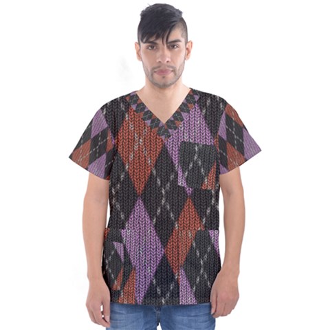 Knit Geometric Plaid Fabric Pattern Men s V-neck Scrub Top by paulaoliveiradesign