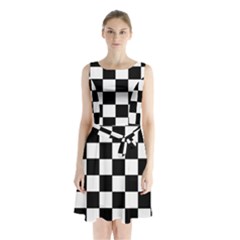 Grid Domino Bank And Black Sleeveless Waist Tie Chiffon Dress by Nexatart