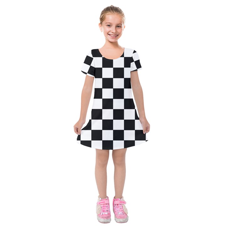 Grid Domino Bank And Black Kids  Short Sleeve Velvet Dress