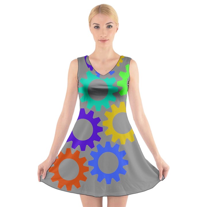 Gear Transmission Options Settings V-Neck Sleeveless Skater Dress