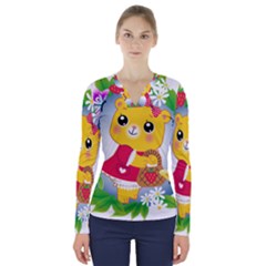 Bear Strawberries V-neck Long Sleeve Top by Nexatart