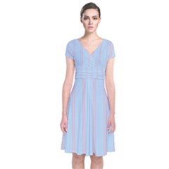 Bleu Pink Line Vertical Short Sleeve Front Wrap Dress