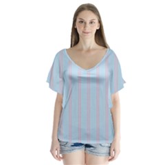 Bleu Pink Line Vertical V-neck Flutter Sleeve Top