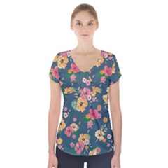 Aloha Hawaii Flower Floral Sexy Short Sleeve Front Detail Top