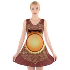 Badge Gilding Sun Red Oriental V-neck Sleeveless Skater Dress by Nexatart