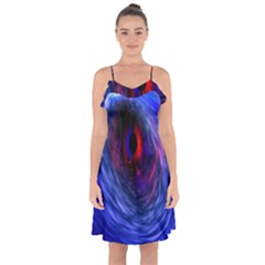 Blue Red Eye Space Hole Galaxy Ruffle Detail Chiffon Dress