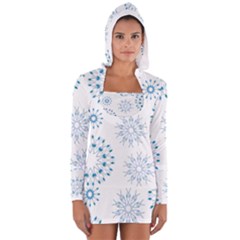 Blue Winter Snowflakes Star Triangle Long Sleeve Hooded T-shirt by Mariart