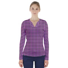 Pattern Grid Background V-neck Long Sleeve Top